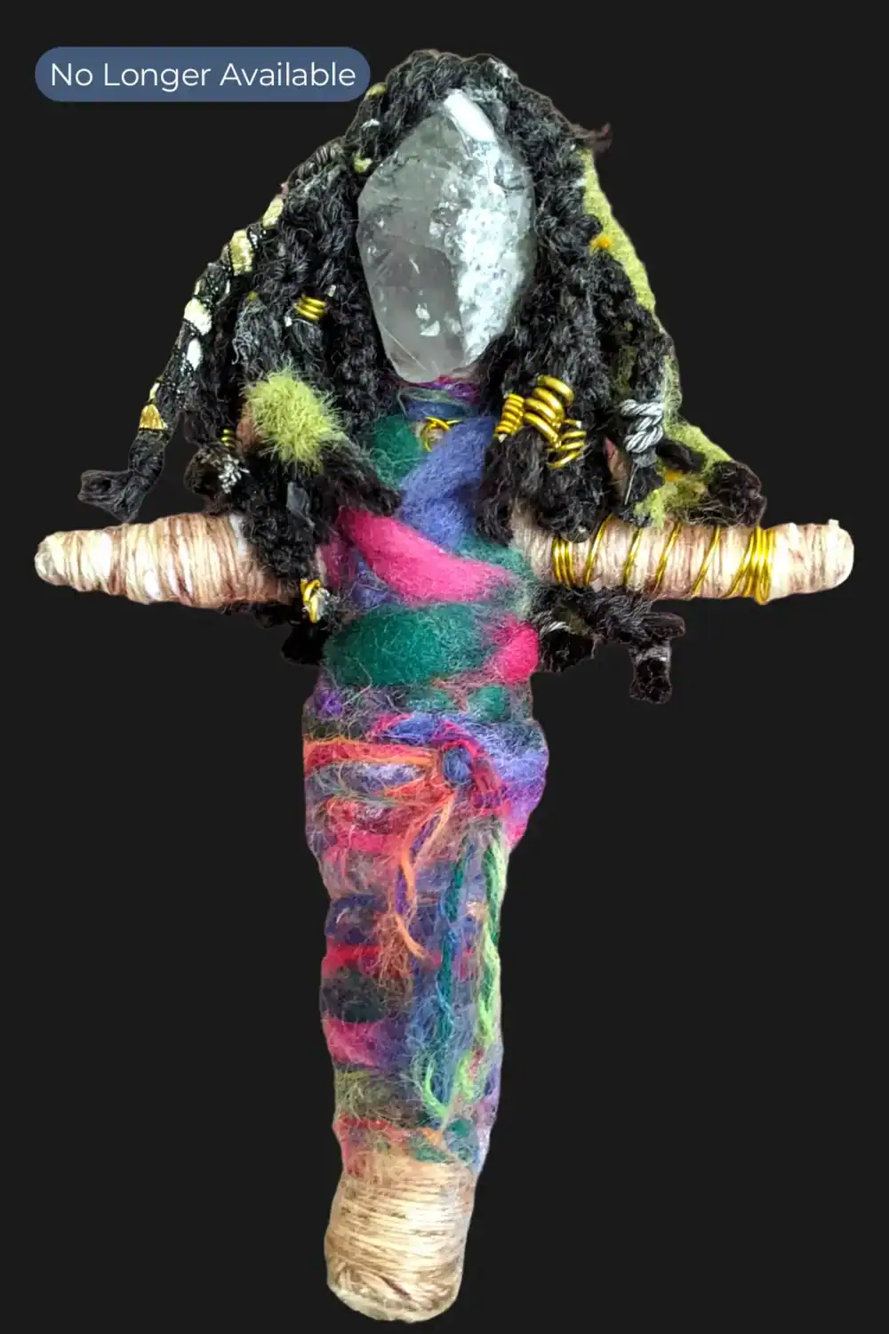 You-Do-You Voodoo™ Watcher art doll image highlighting multi-colored wrap dress, braided black hair and clear quartz crystal face.