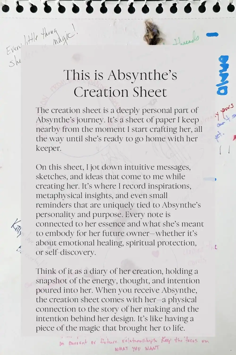 Absynthe’s creation sheet filled with handwritten notes, sketches, and intuitive messages, used throughout the doll's creation process to capture thoughts, inspirations, and guidance.