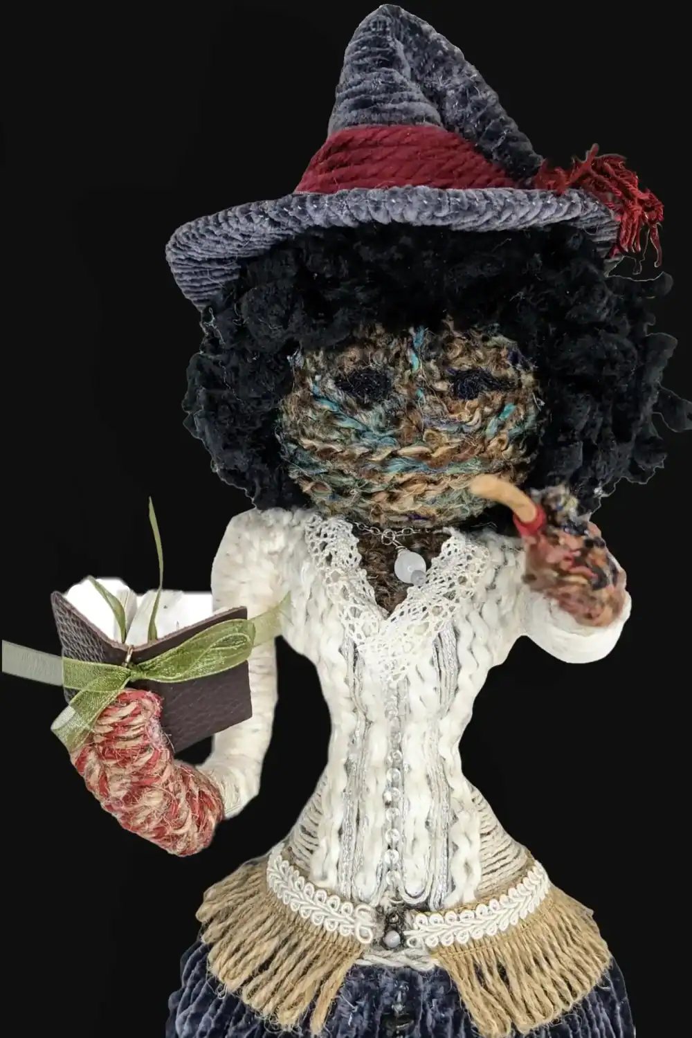 Hannah the Kitchen Witch art doll, front view showcasing intricate details of her hat, lace bodice, and velvety skirt