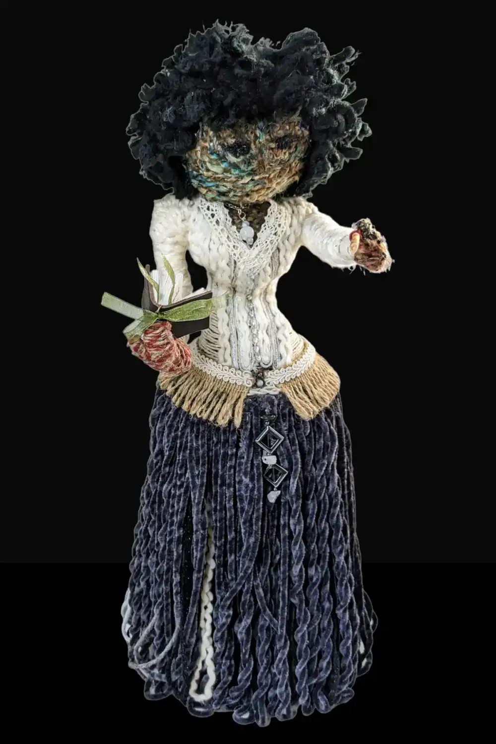Full front view of Hannah the Kitchen Witch art doll, showcasing her detailed lace top, velvet skirt, and magical accessories.