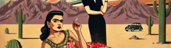 This is an illustration of Frida Kahlo and Georgia O'Keefe in the desert. They're smoking cigarettes. There are cacti and purple mountains with a radiant sky.