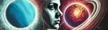 Bipolar disorder for World Bipolar Day shows woman in profile with two planets, one blue, one orange, rotating around her head. The rest of the image is black and white with stars in the background.