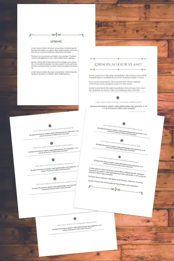 Five-page Spring section from “52 Weeks with the Dark,” featuring a seasonal introduction, 13 dark journaling prompts and commentary from the Shadow.