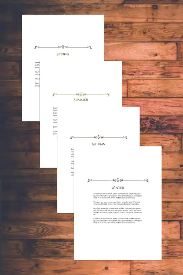Preview of seasonal title pages from “52 Weeks with the Dark,” a printable shadow work companion featuring 52 dark journaling prompts divided into Spring, Summer, Autumn, and Winter.