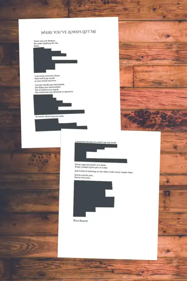Redacted two-page opening letter from the Shadow in “52 Weeks with the Dark,” inviting the Seeker into a year of dark journaling prompts and emotional reckoning.