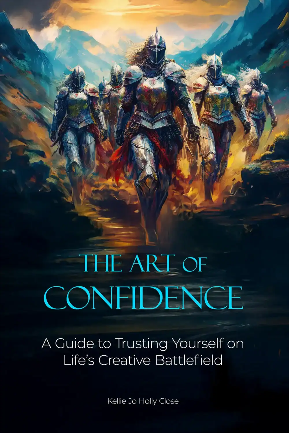 Cover of The Art of Confidence showing armored women entering a dark cave, symbolizing creative courage and self-trust.