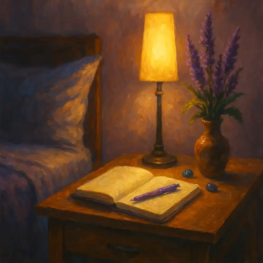 Soft glowing lamp with a vase of lavender on a wooden bedside table, cozy bedroom scene, warm ambient lighting, Impressionist style.