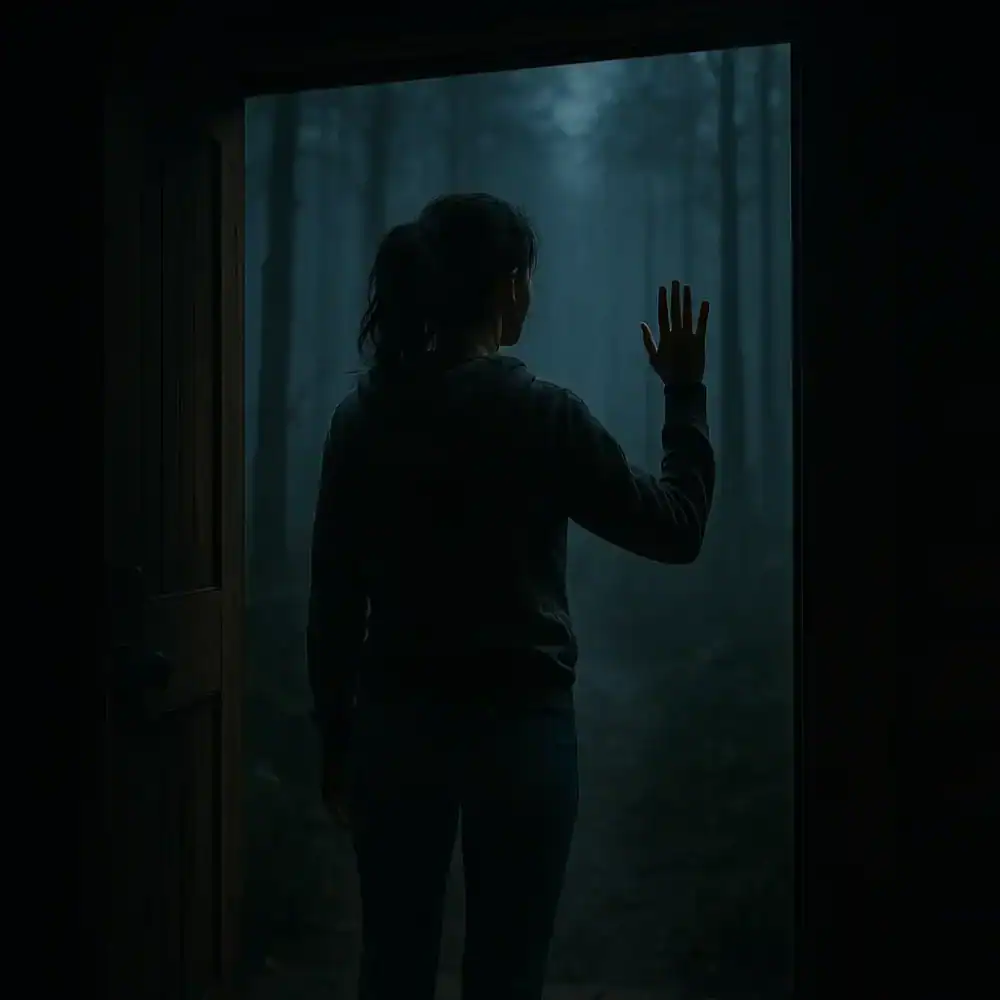 A person standing at the doorway, looking into a foggy forest, evoking mystery and solitude.