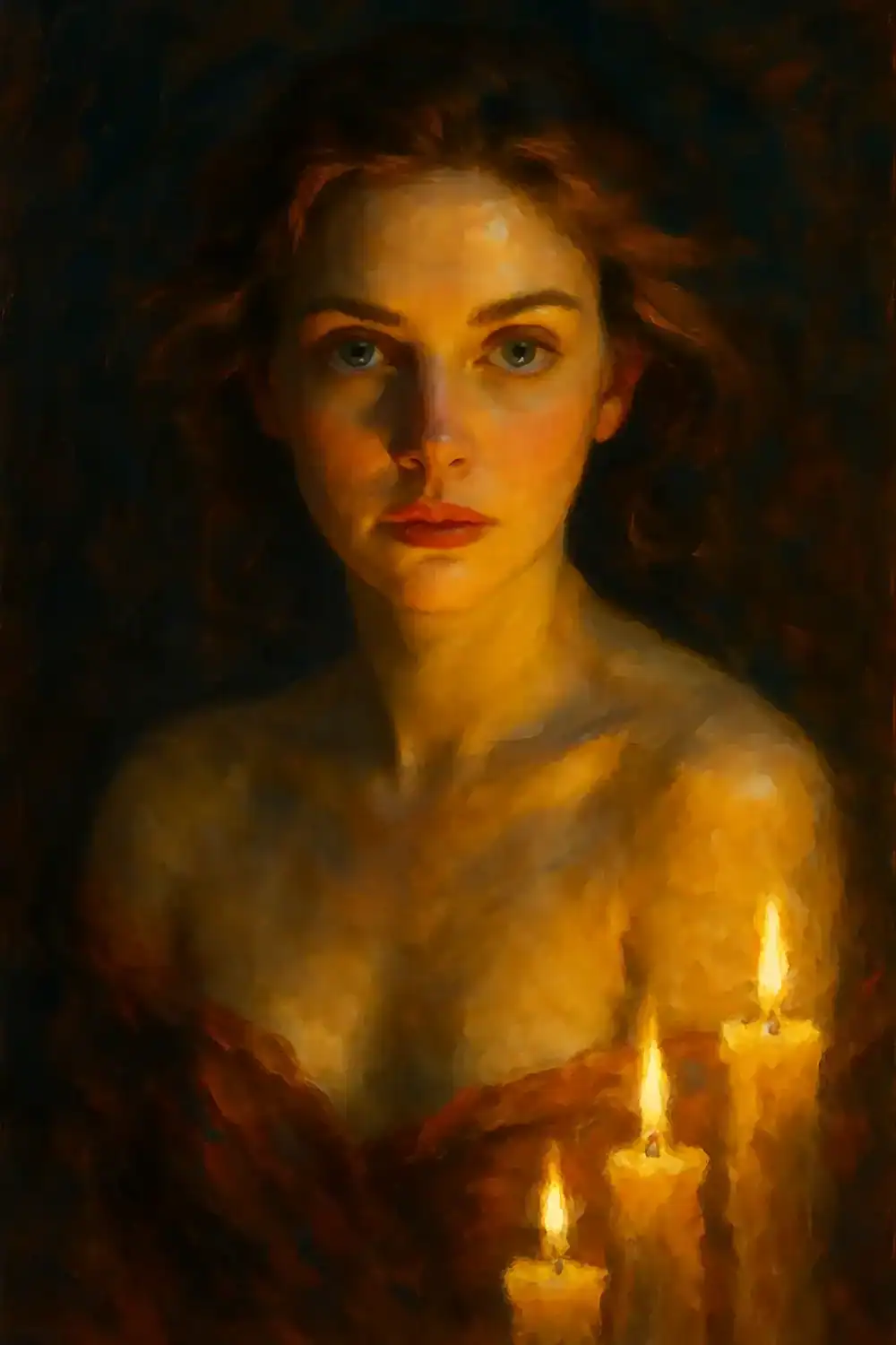 A young woman with bare shoulders bathed in candlelight looks intently at the viewer asking "Are you the one who can see me for all that I am?" for "Sacred Shadow Desires"