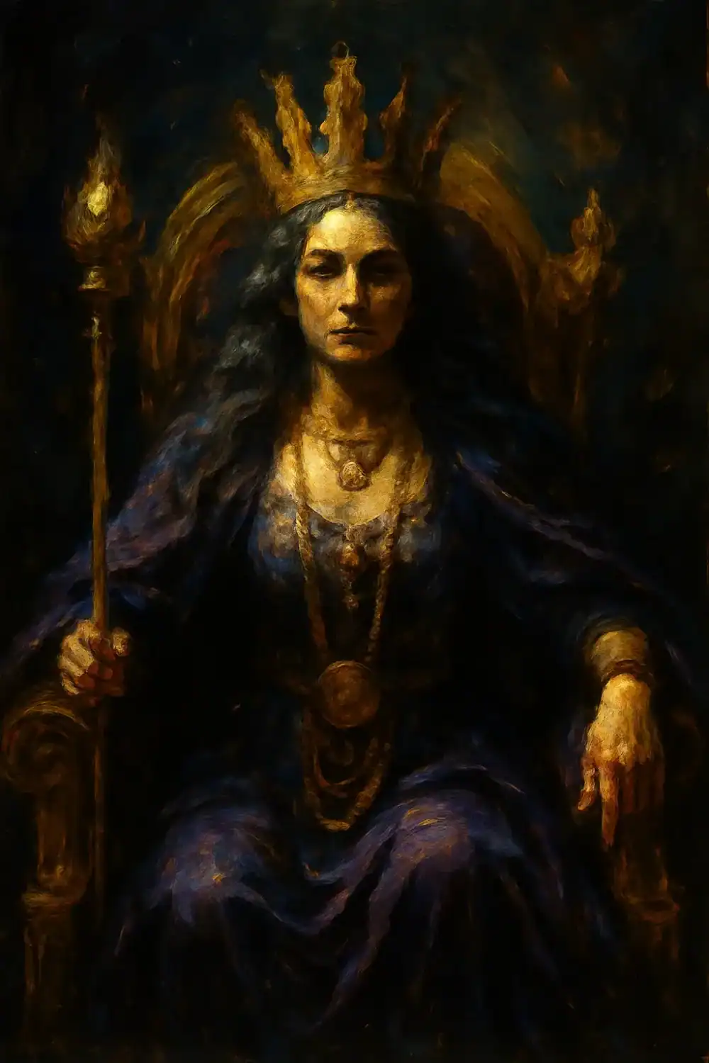 a queen dressed in purple and gold. She is serious in her expression and capable of ruling the kingdom. Black hair, medium skin tone.