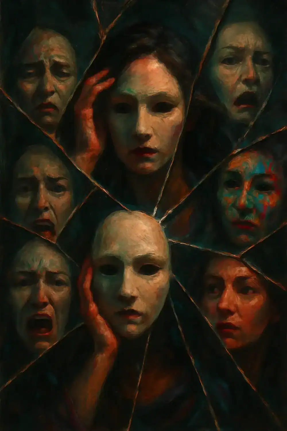 A broken mirror showing reflections of the same woman wearing masks (in most), face paint, pained expressions and simply thinking.