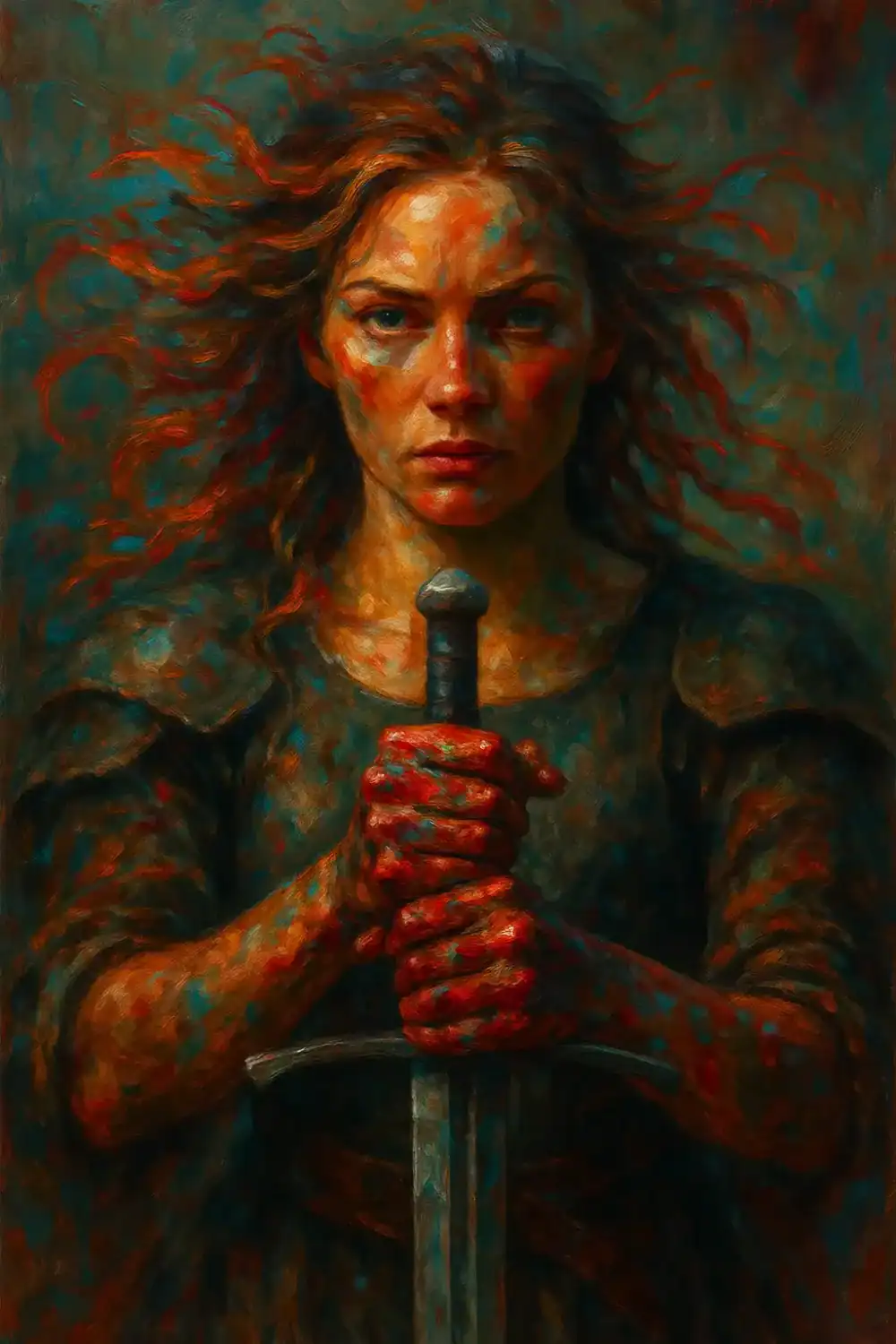 The warrior archetype in armor, holding a sword in resting position in front of her, covered in red paint. Her sacred shadow desire: to win.