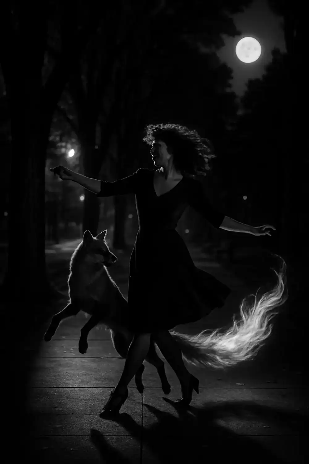 A woman dancing with her shadow desire who showed up in the form of a fox with fire for a tail. Image is "film noir" black and white.