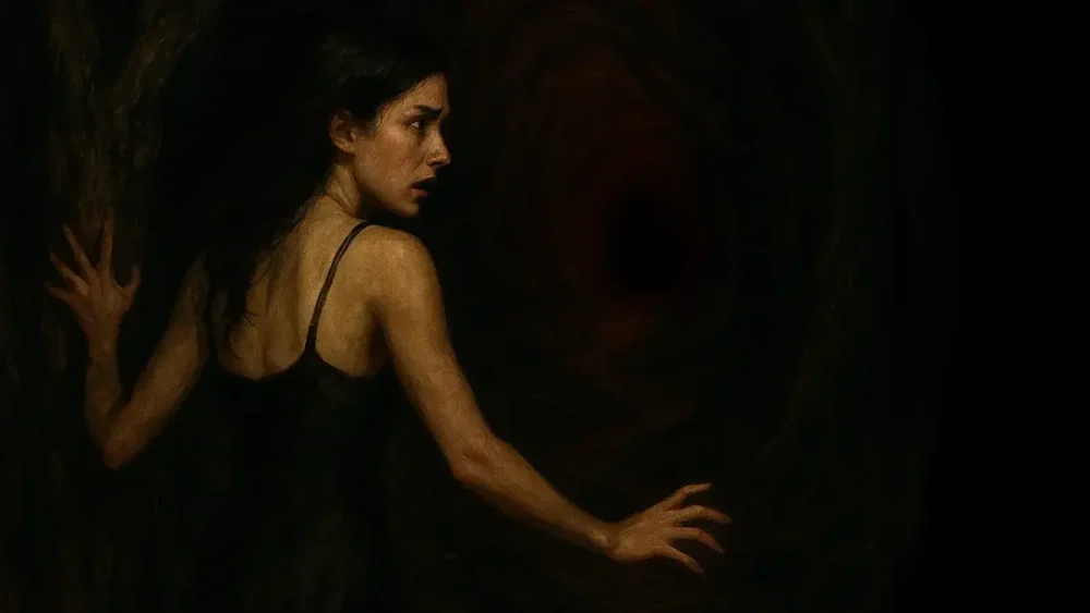 A woman is separated from or perhaps abandoned by her family in the dark woods. Something stands in the shadows to her right - can't see it but the look on her face tells you it is there. The beginning of the Shadow Desires Challenge.