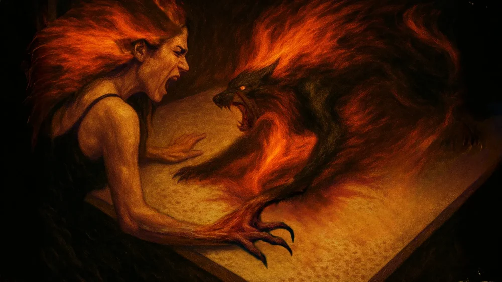 A woman and her inner fire merge. For the 7-Day Shadow Desires Challenge, day 4.