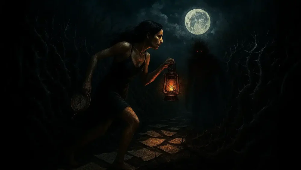 A woman, compass in one hand and a lantern in the other, runs across the beast she's been hiding from on a path. Shadow Desires Challenge, Day 5