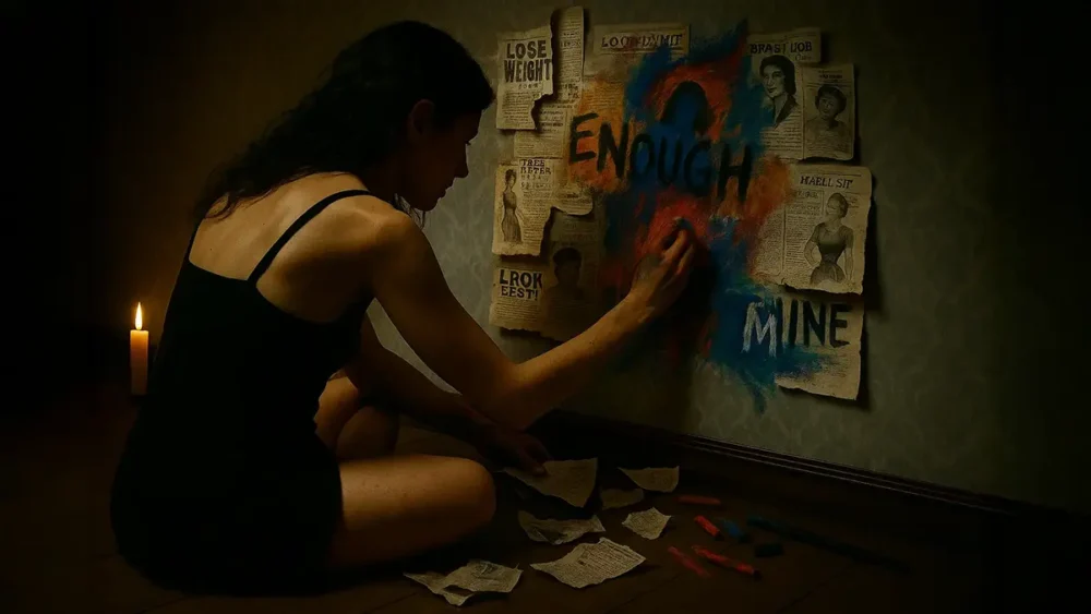 A woman sits in her room making a collage of old newspapers and coloring brightly over it with oil pastel.