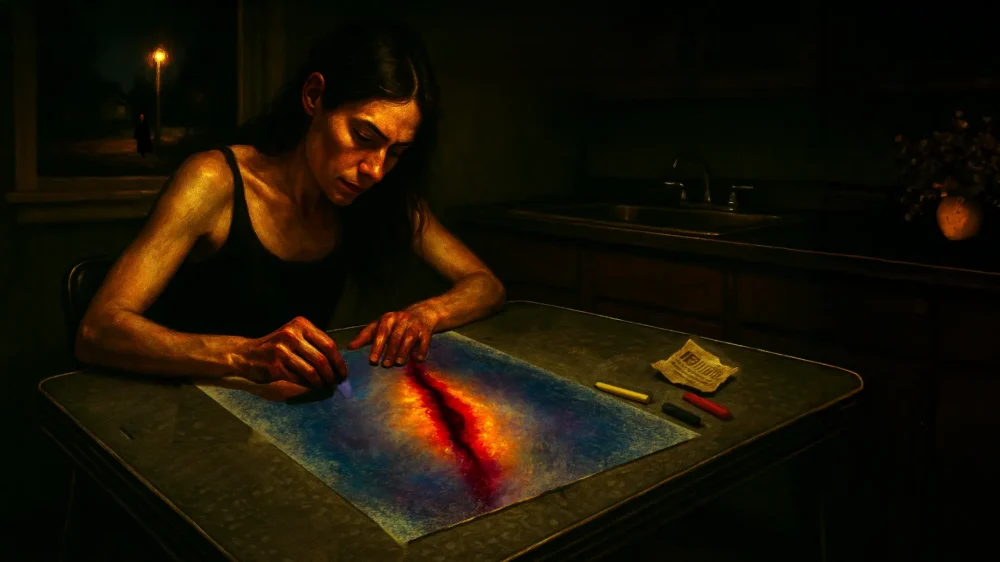 A woman sits at her kitchen table drawing one of her scars. The light beneath her drawing hand probably points to the scar she's drawing. #morethanphysical