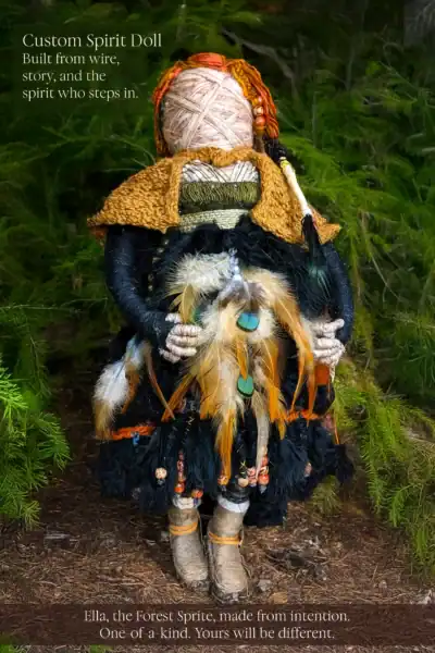 Ella the Forest Sprite, a SoulStitch™ art doll. She is a custom doll, one of a kind. Yours will be different. "Built from wire, story, and the soul that steps in.