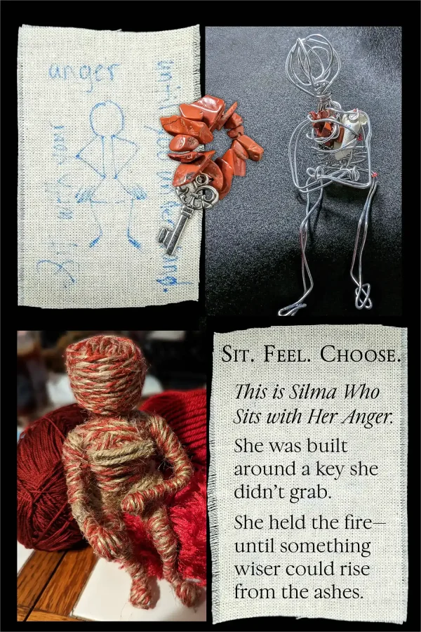 "Silma Who Sits with Her Anger" is a custom spirit doll from the SoulStitch™ line. This image shows her intention, the car key, and her wire frame with both inside.