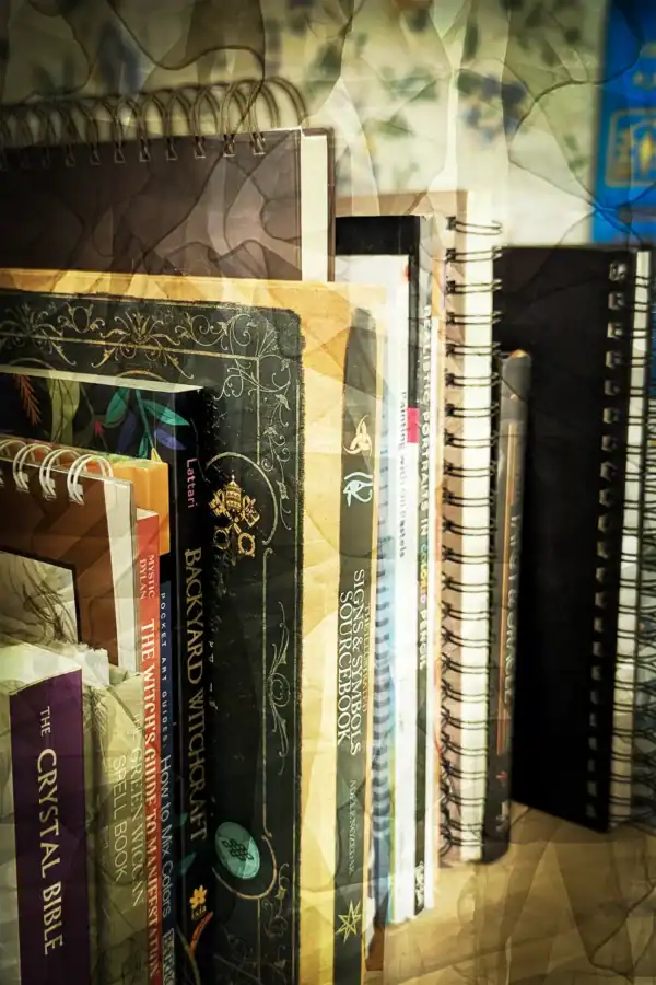 Row of art books and sketchpads on a shelf in Kellie Jo Art’s studio.
