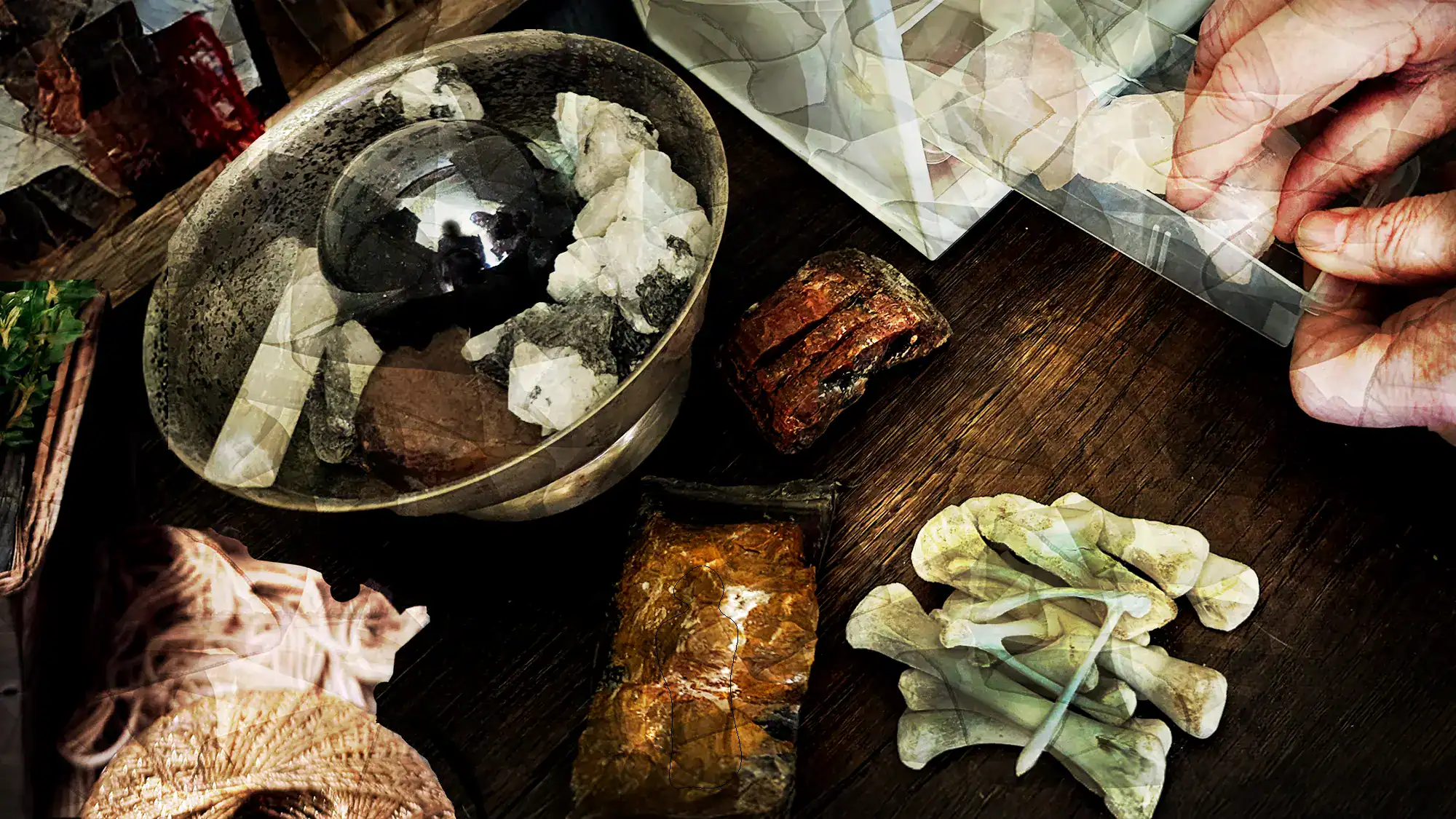 Artistic rendering of Kellie Jo choosing gemstones and other supplies for a commissioned piece