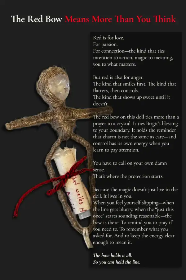 Handmade Brigit Celtic Goddess Art Doll with hidden red bow tied around protection prayer and selenite crystal inside.Includes a writing: The Red Bow Means More Than You Think 