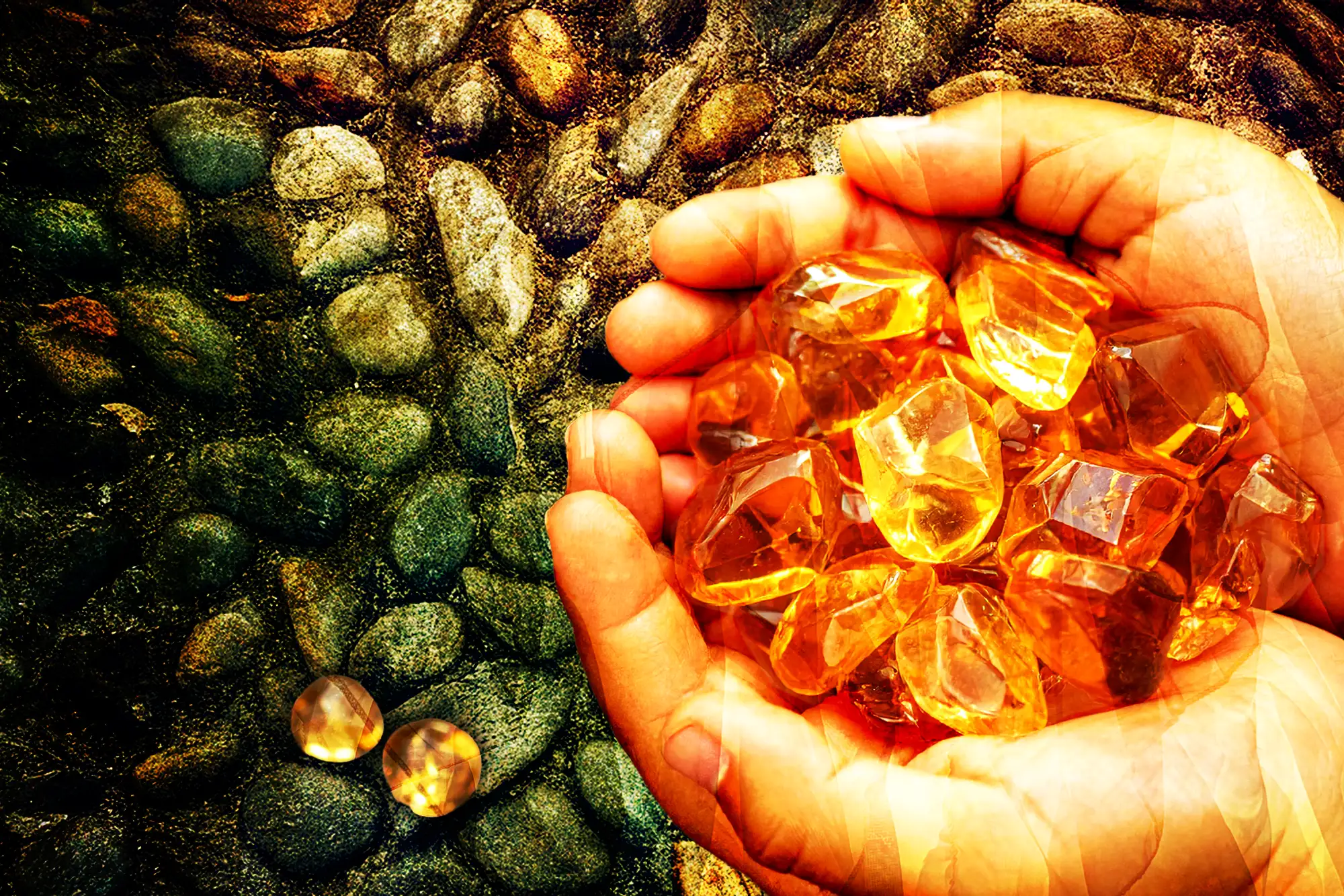 Citrine held in a child's hands over a stone castle floor.