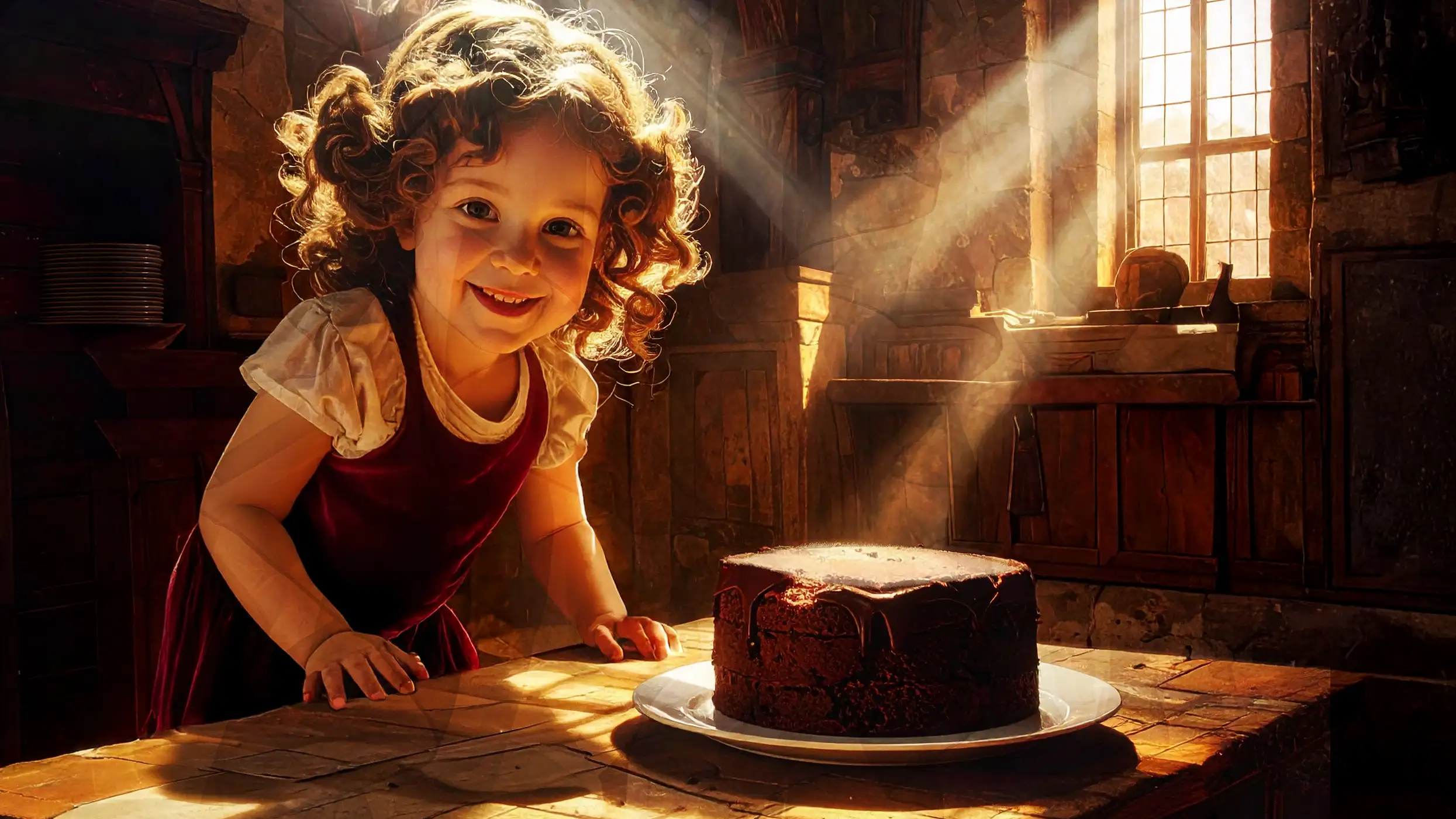 The Innocent leans over a chocolate cake, hoping one of the others cut it quickly! For page about Abundance & Prosperity called the Accounting.