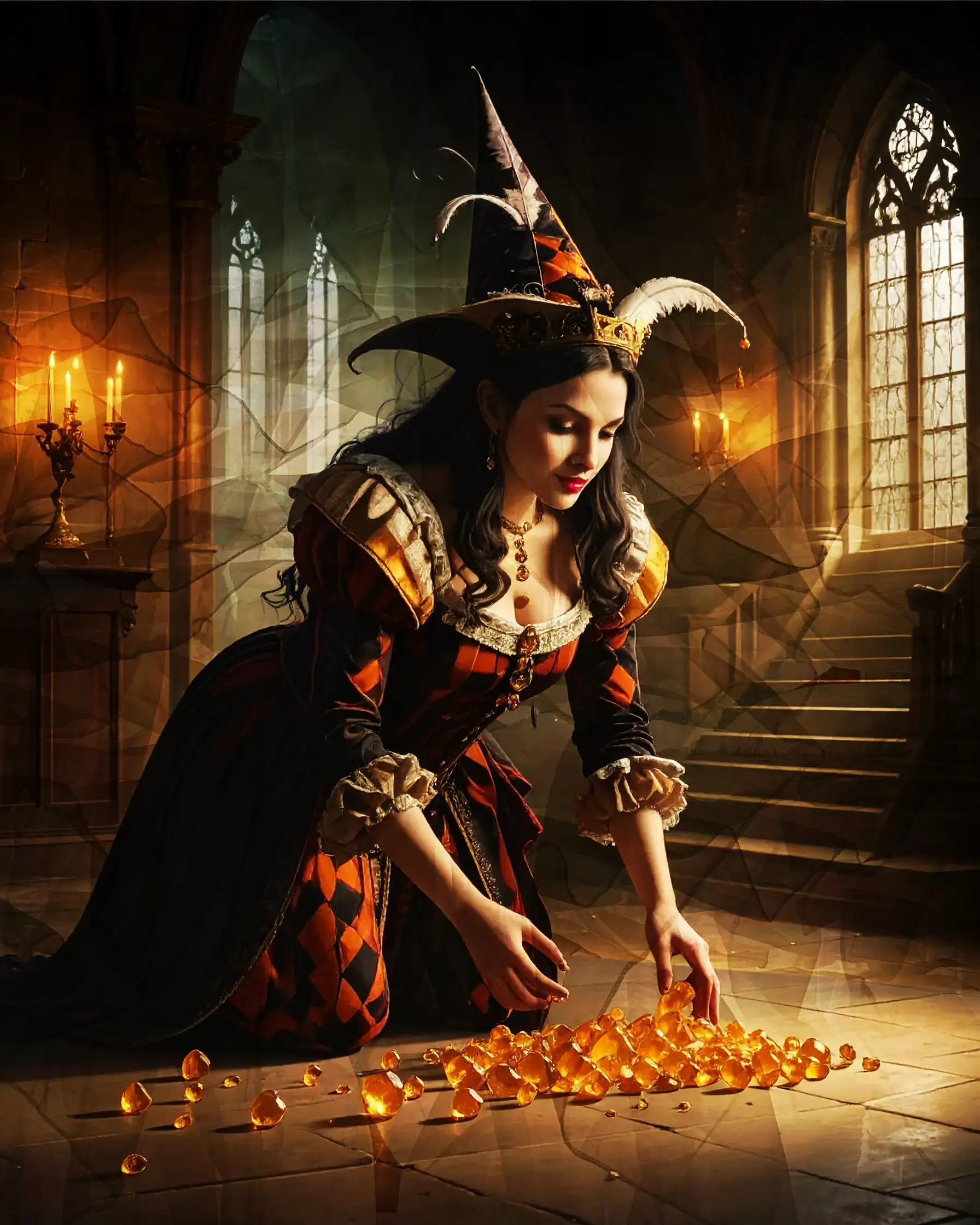 Mystical witch costume with amber gemstones fantastical artwork for Halloween or fantasy theme.
