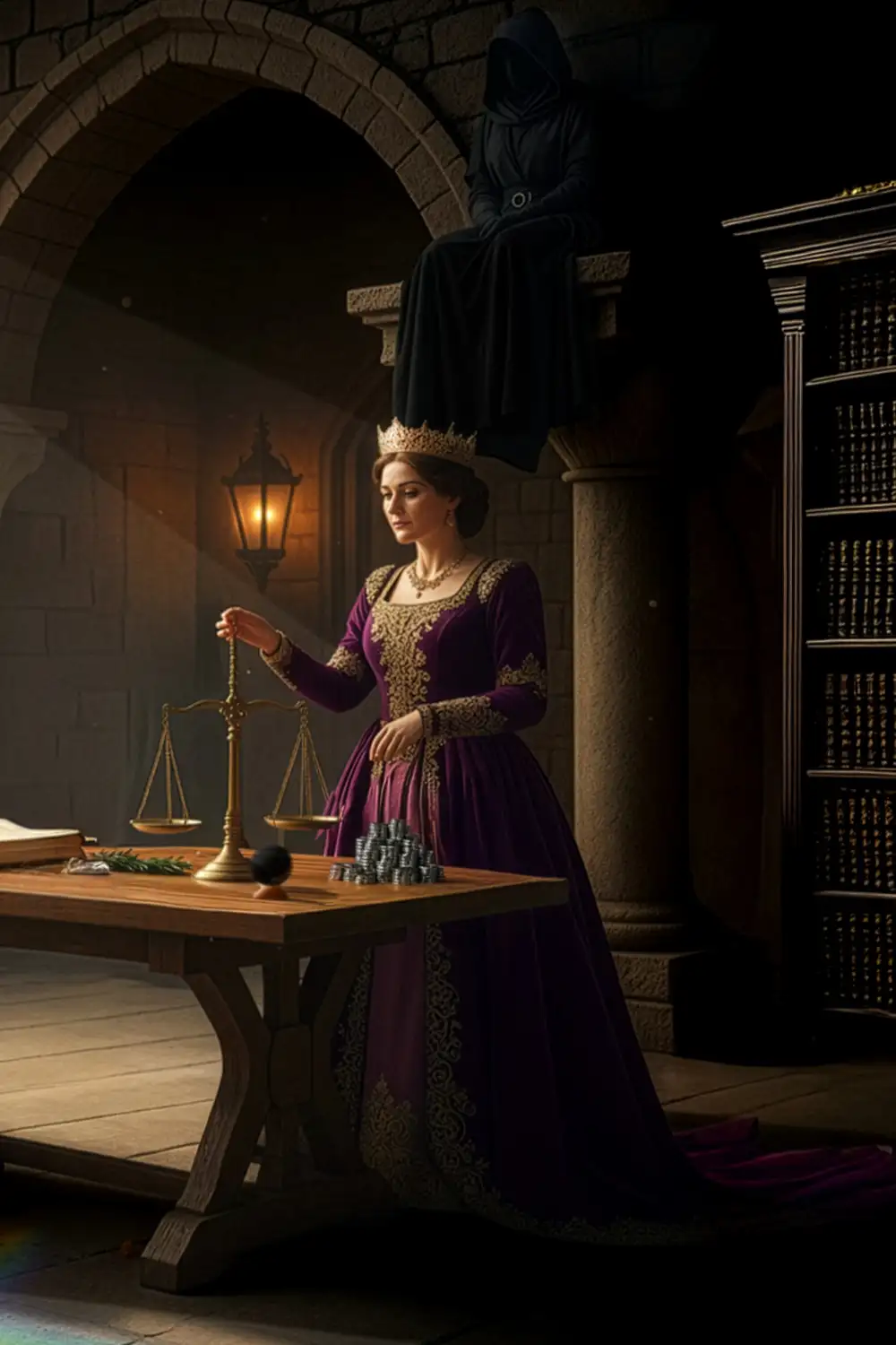 Elegant medieval queen portrait with scales, chess pieces, and a modern hooded figure on a stone balcony.