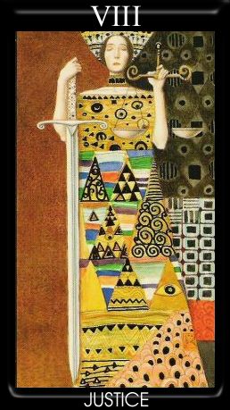 Intricate tarot card artwork featuring Justice, blending surreal and symbolic imagery for mystical art enthusiasts.
