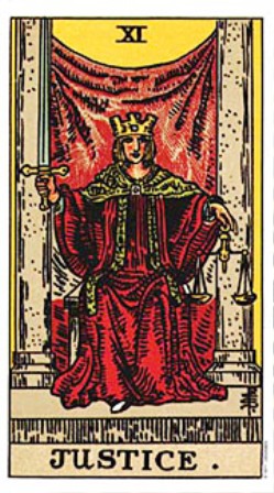 Elegant Justice Tarot card illustration by Kellie Jo Art, featuring a regal queen with a sword and scales.