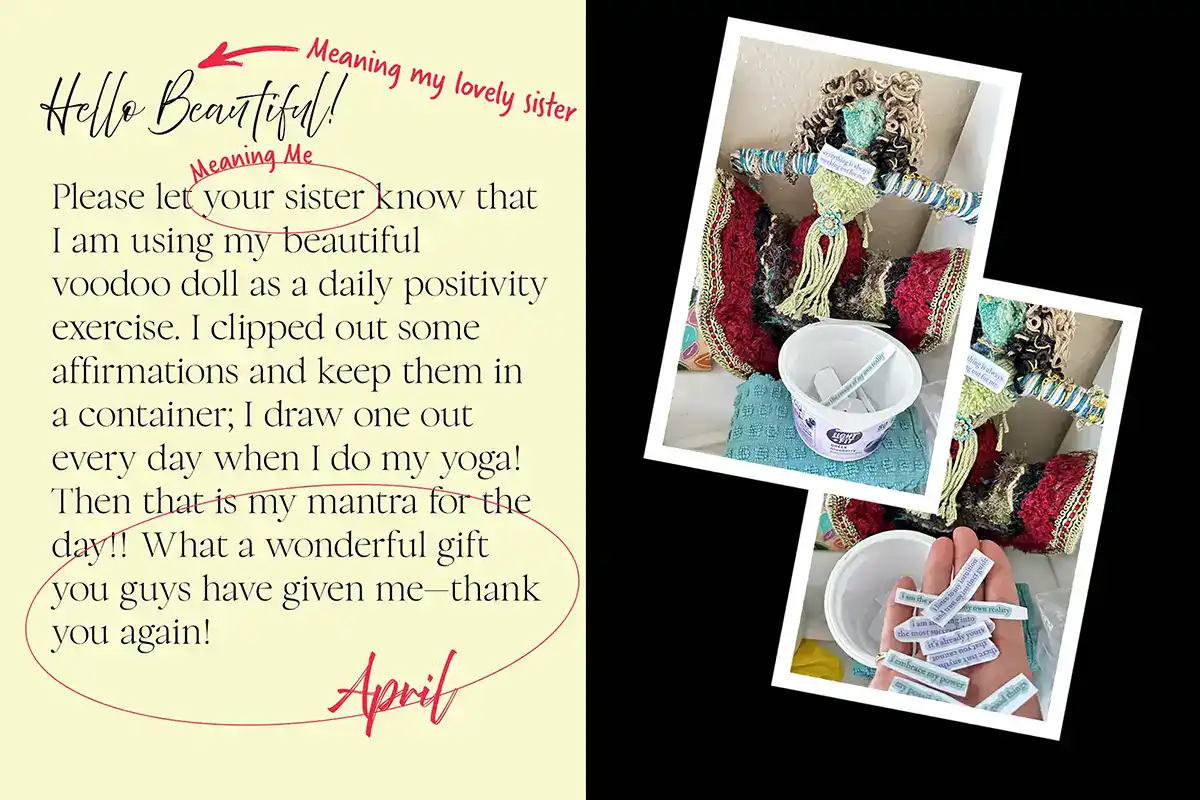 Testimonial graphic describing the meaning and value of a You-Do-You Voodoo™ art doll named Roberta.
