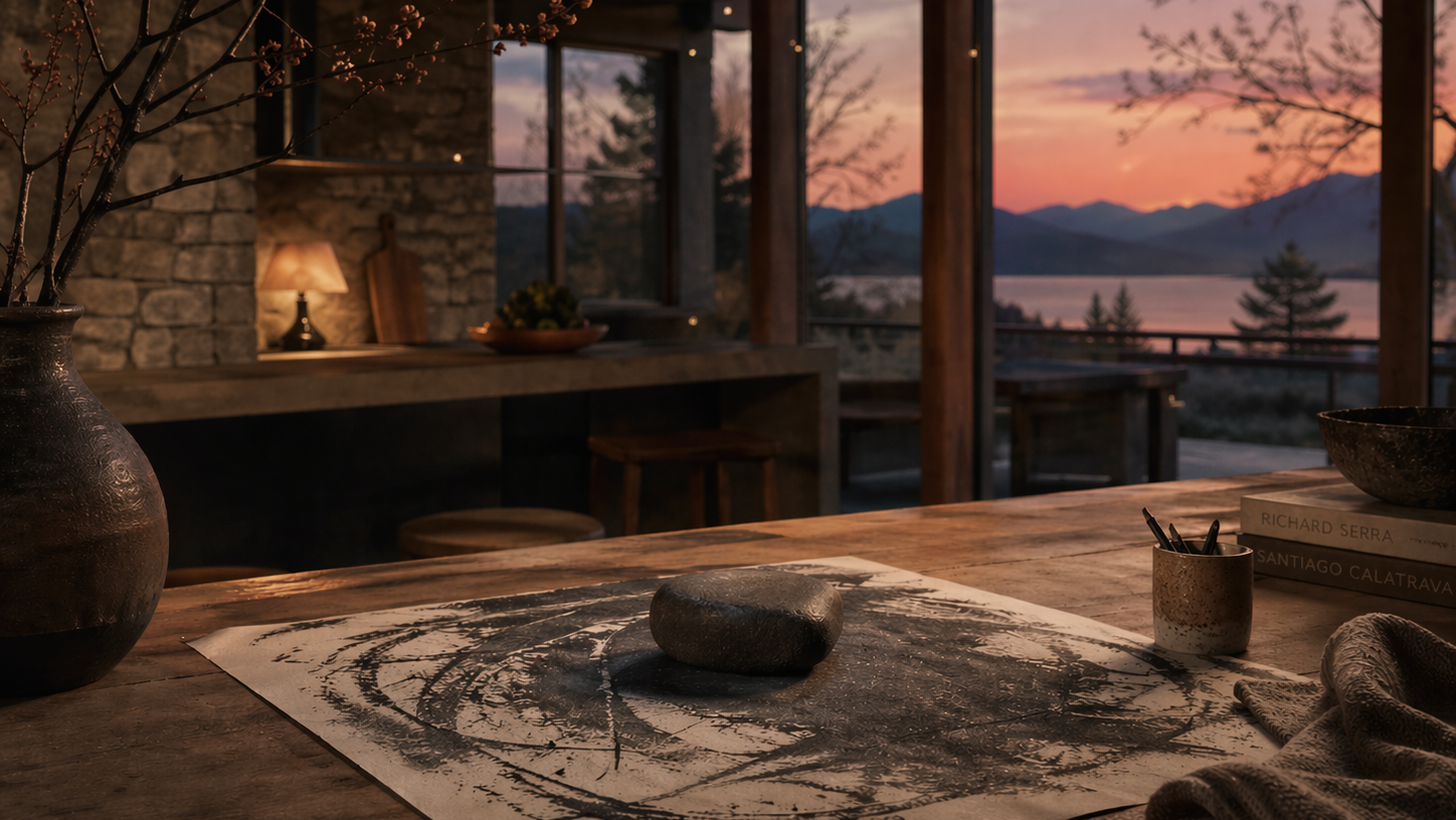 A stone rests on a charcoal covered page on an old table. There's a beautiful view of the outdoors and the suggestion of a spacious modern cabin.