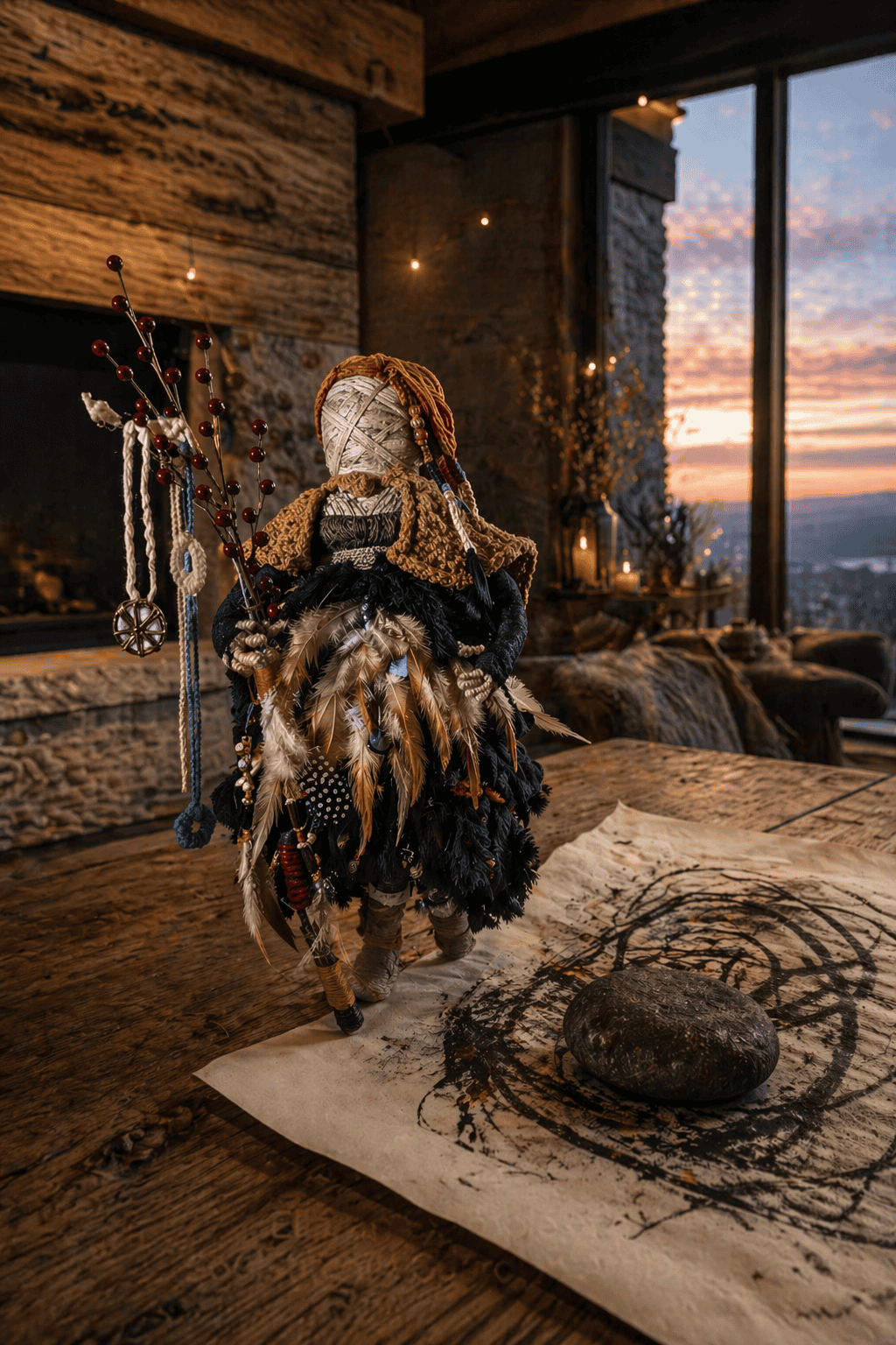 A SoulStitch™ Guardian spirit doll marches across a therapeutic art exercise and a heavy rock.