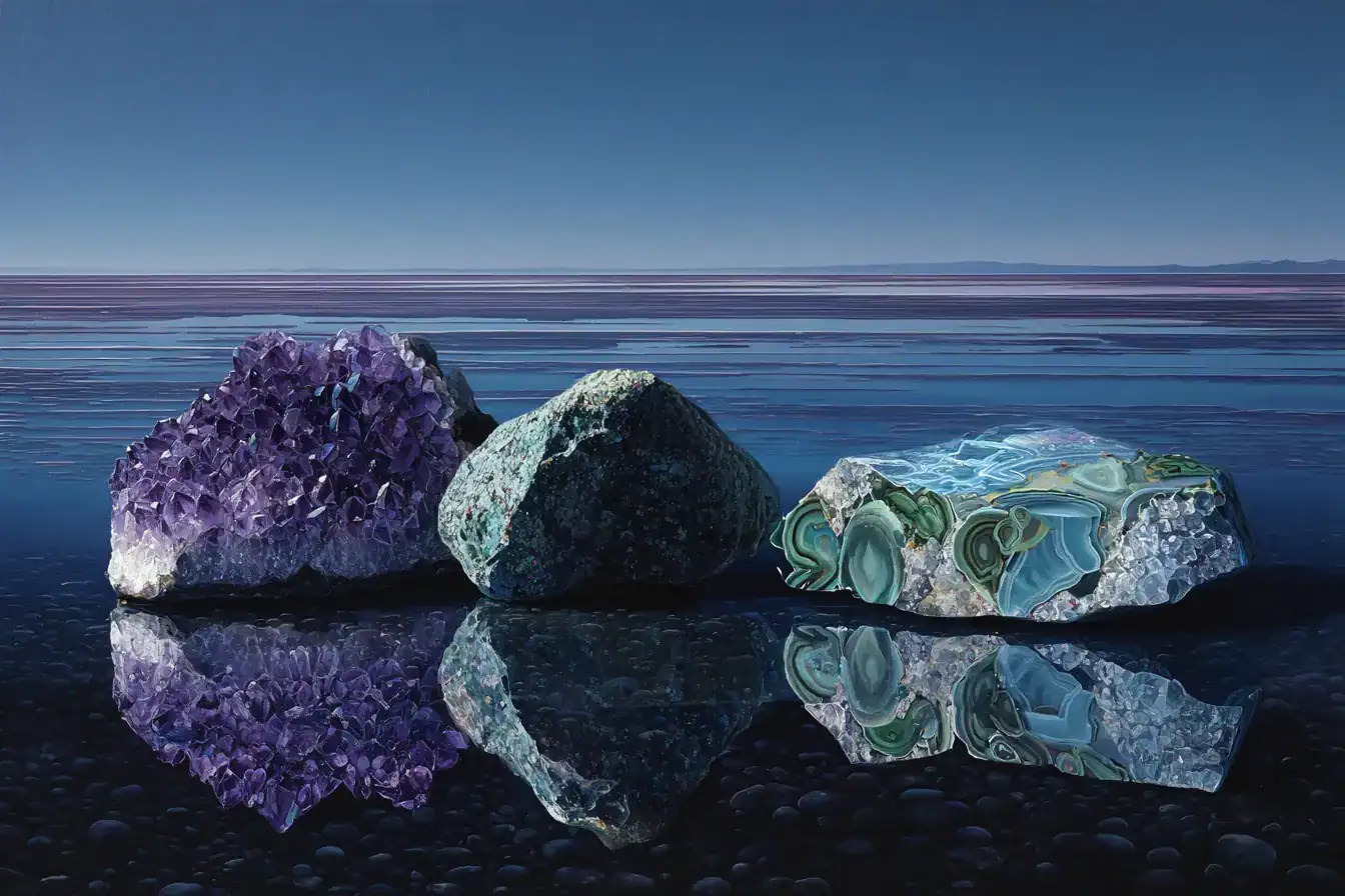 Surreal painting of amethyst, green chalcedony, and moss agate on dark water, evoking shadow work for trauma integration without false resolution.