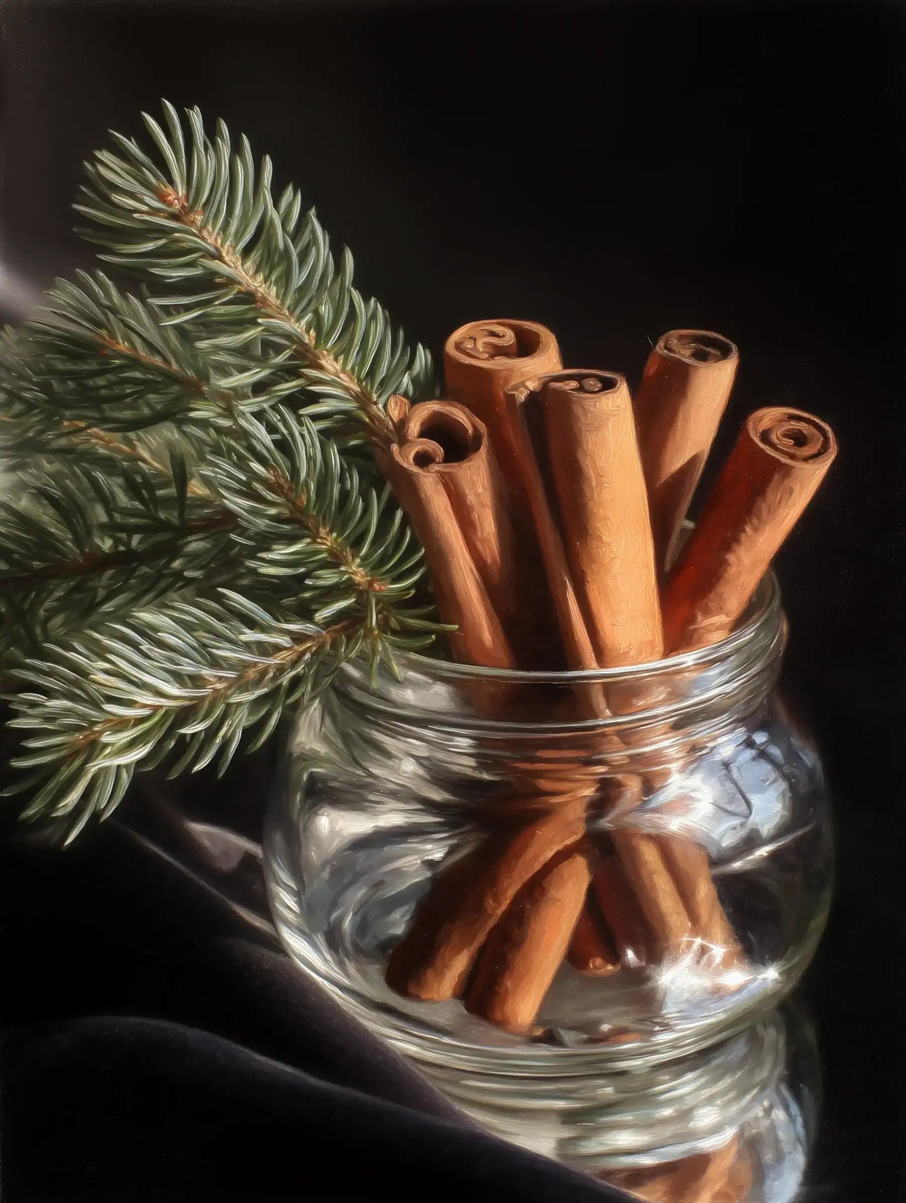 Pine branches and cinnamon sticks rest inside a clear glass jar against a dark background, creating a moody still life about warmth, memory, truth, and grounded reflection.