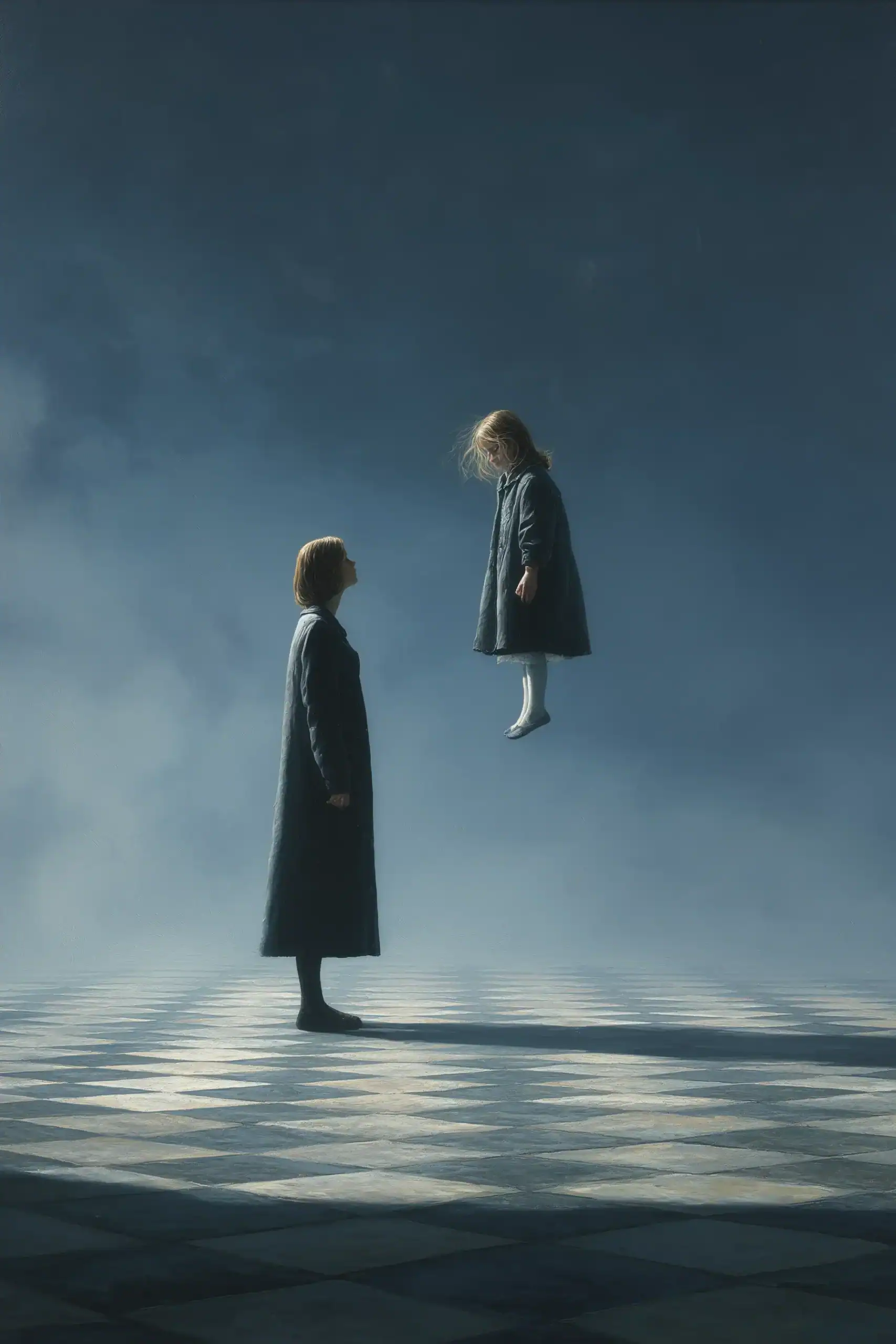 Surreal oil painting of a woman facing a suspended younger self mid-air, depicting alternatives to everything happens for a reason through unflinching witness.