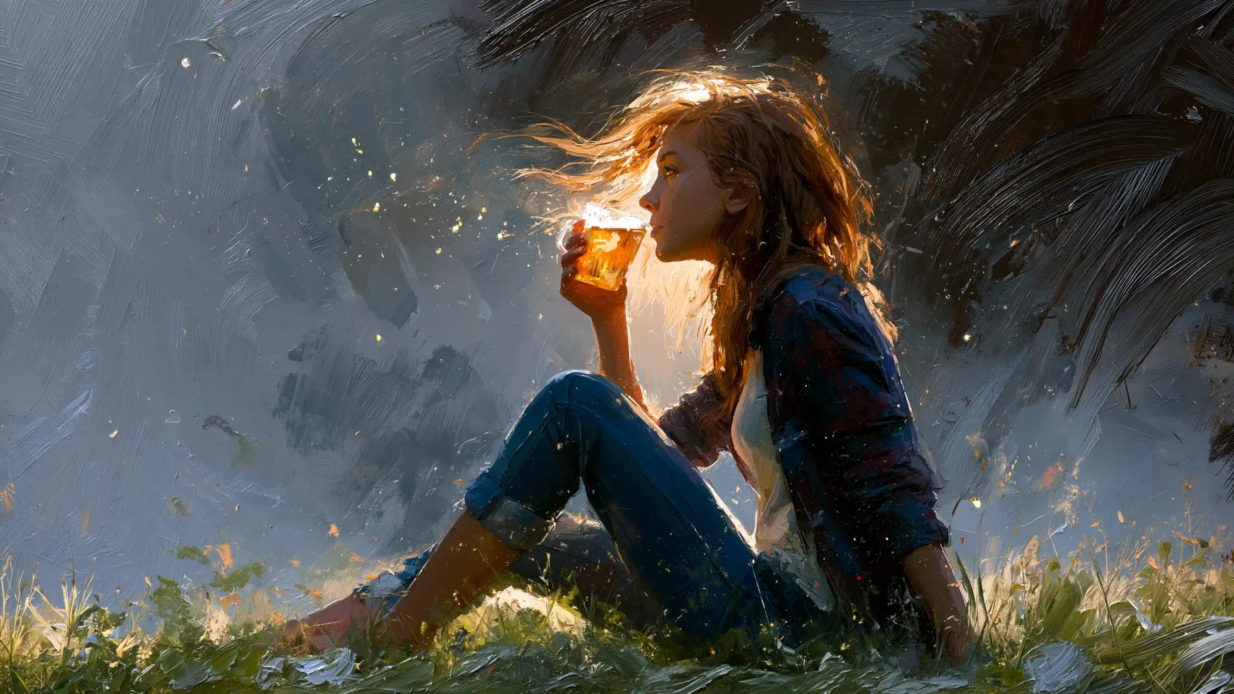 A woman sits in a meadow at night drinking iced tea. The full moon behind her is strong but you can't see it.