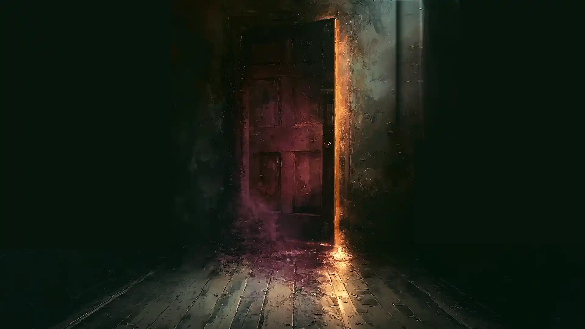 A deep plum door presents itself in the dark, spilling warm light and purple smoke into the hall.