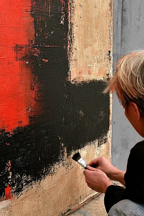 Woman painting bold red and black strokes on canvas, expressing emotion through abstract art