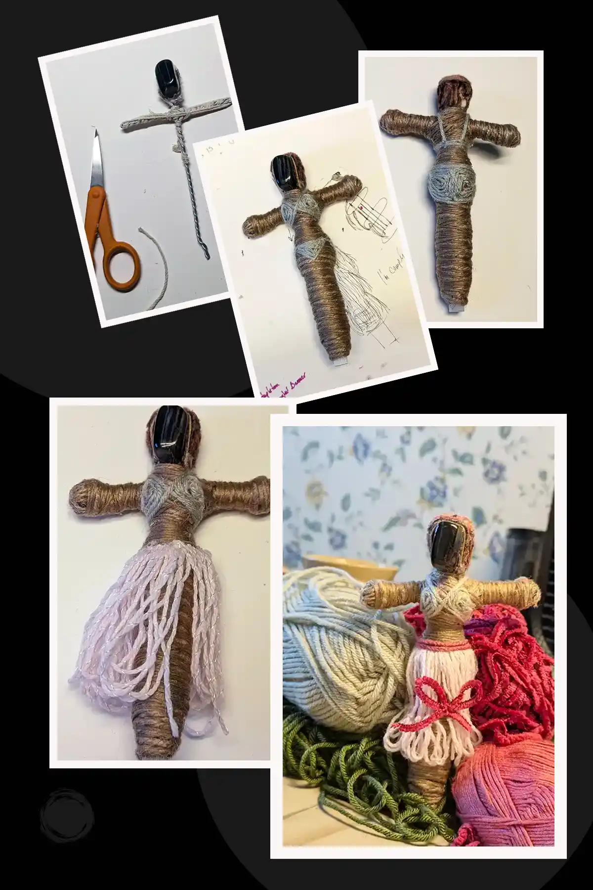 Steps of making a yarn-wrapped doll with a bead head: sketch, wire cross frame, thread wrapping stages, finished doll with yarn skirt among balls of wool