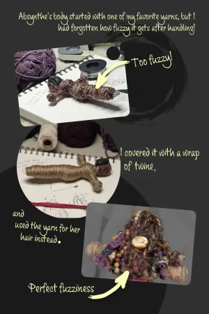 Photo collage showing doll-making steps: fuzzy yarn-wrapped armature labeled "Too fuzzy!", the armature rewrapped in twine, and the finished figure with fuzzy yarn hair labeled "Perfect fuzziness