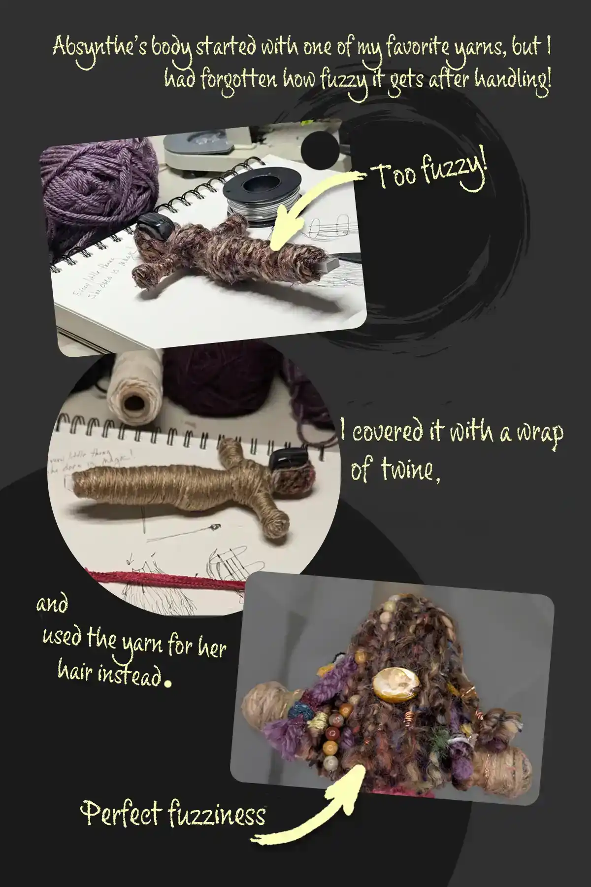 Photo collage showing doll-making steps: fuzzy yarn-wrapped armature labeled "Too fuzzy!", the armature rewrapped in twine, and the finished figure with fuzzy yarn hair labeled "Perfect fuzziness