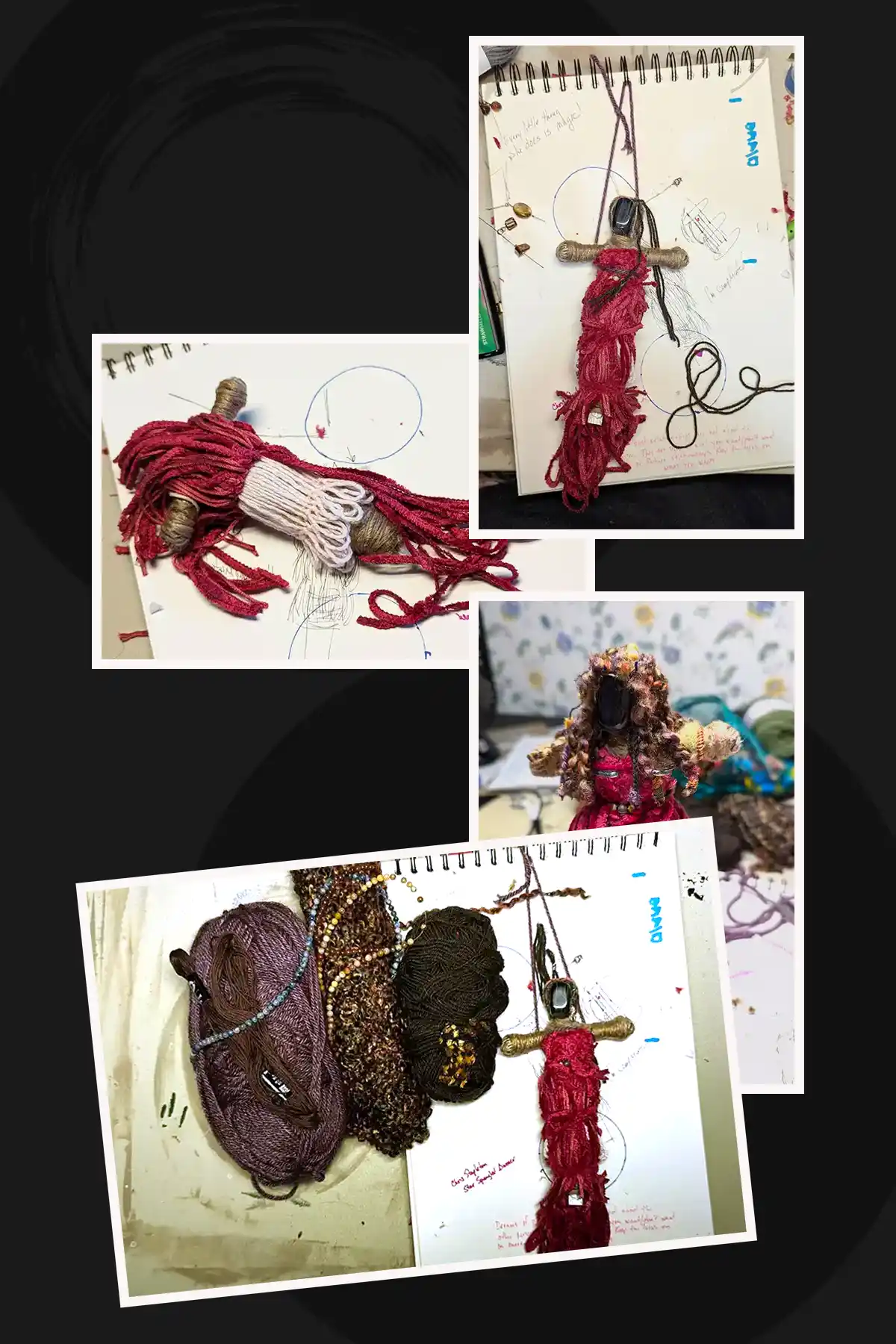 Collage of sketchbook pages and photos showing a handmade doll figure made from wrapped yarn, beads, and fabric in red, purple, and brown tones, alongside annotated design notes